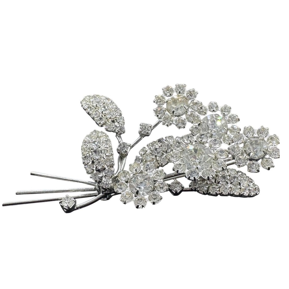 Vintage silver tone floral spray brooch‎ 1940's clear Rhinstones EUC